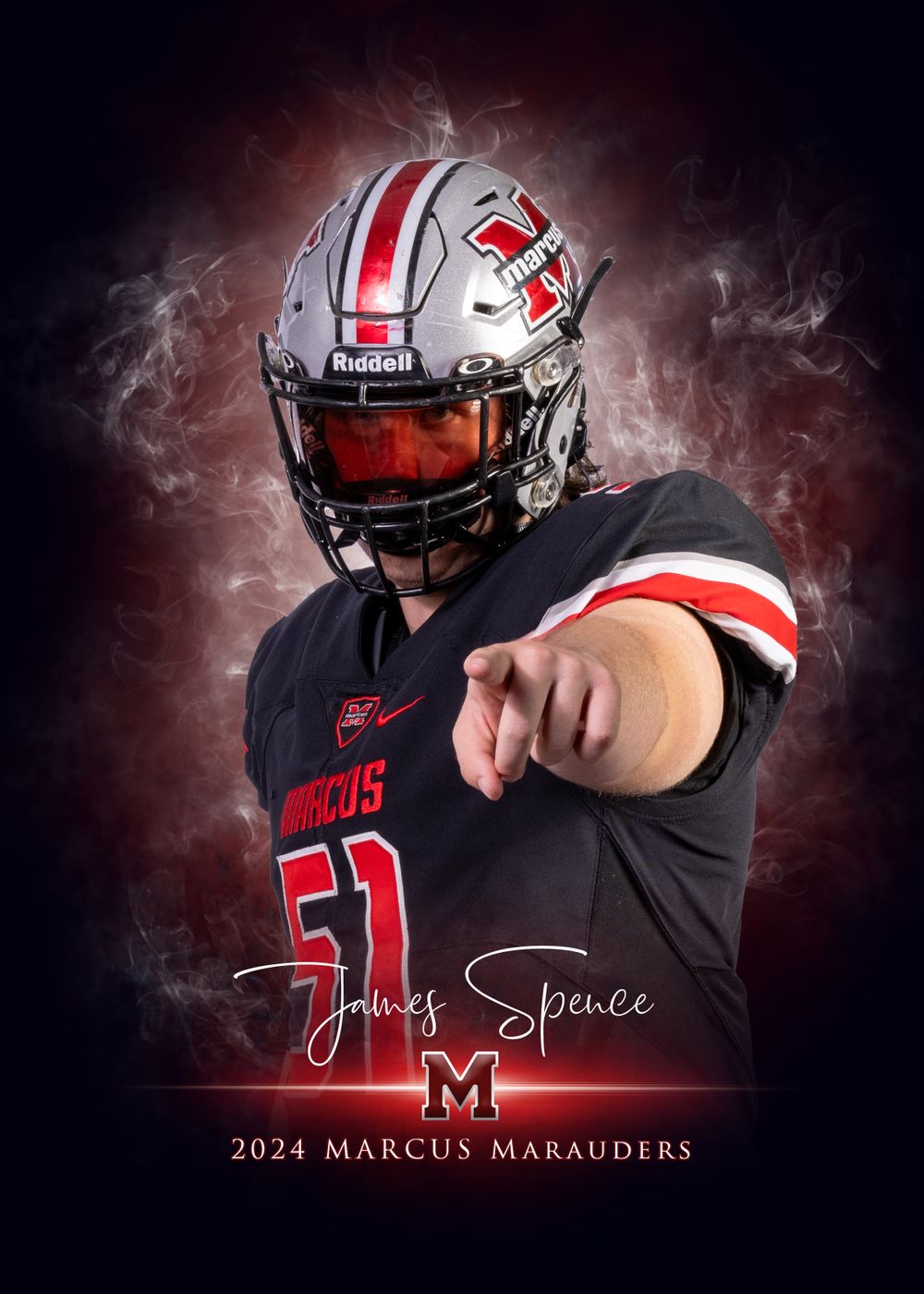 Marcus Marauders football player in uniform pointing against dramatic smoke background.