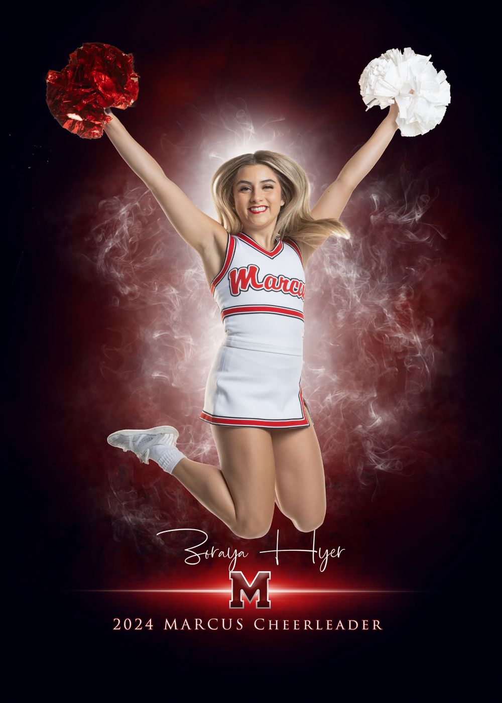 Cheerleader in white uniform with red pom poms against dramatic smoky background.