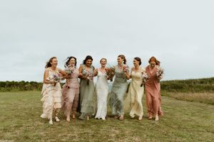Wedding party wearing muted pastel dresses poses together on a grassy hilltop against cloudy sky.