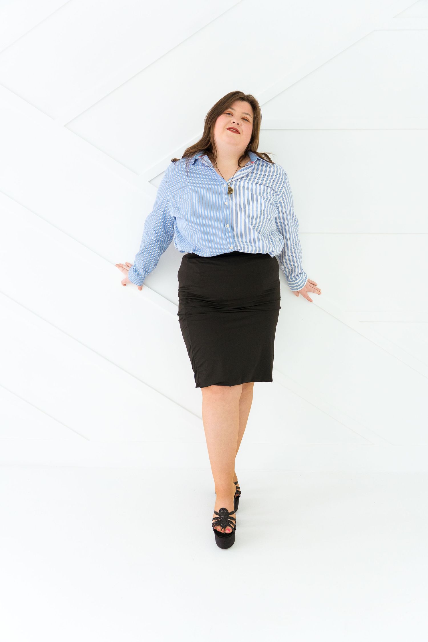 Professional business attire styled in a clean white studio setting with dynamic poses.