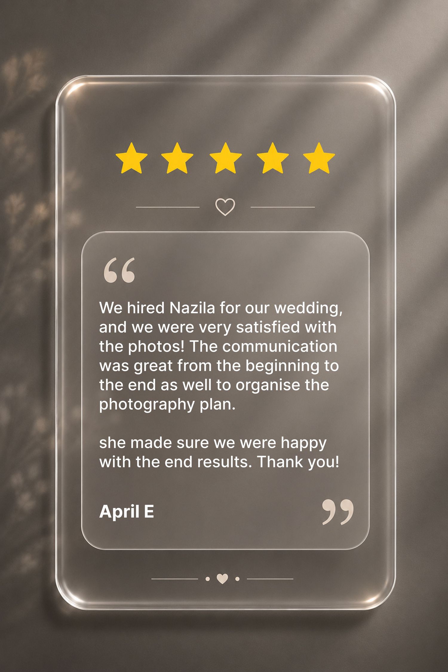 Client review praising wedding videography — Montreal wedding videographer