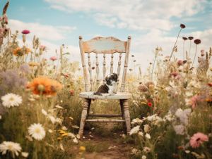 Dreamy outdoor scene with vintage furniture among wildflowers at sunset.