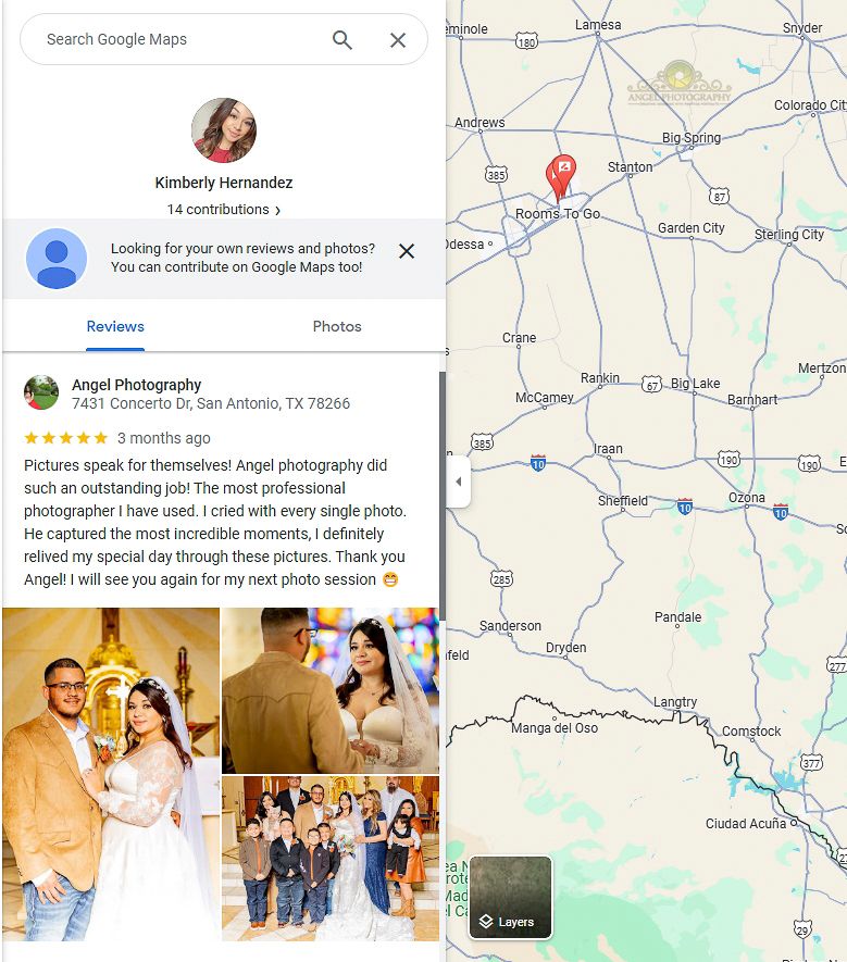 Google Maps review page for photography business with location marker and client testimonials.