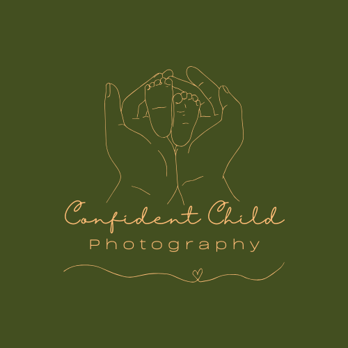 Confident Child Photography logo featuring a line drawing of adult hands holding baby feet.