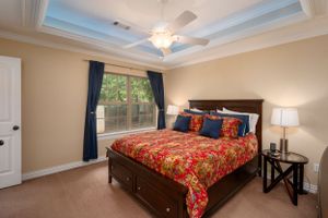 Master bedroom with tray ceiling, dark wood furniture, and colorful bedding.