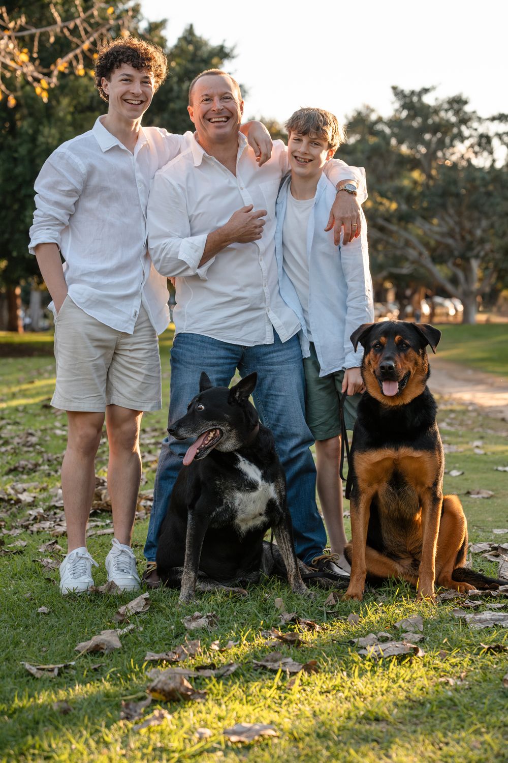 dogs, dad and sons during a family photoshoot in the golden hour in Balmoral Beach park
