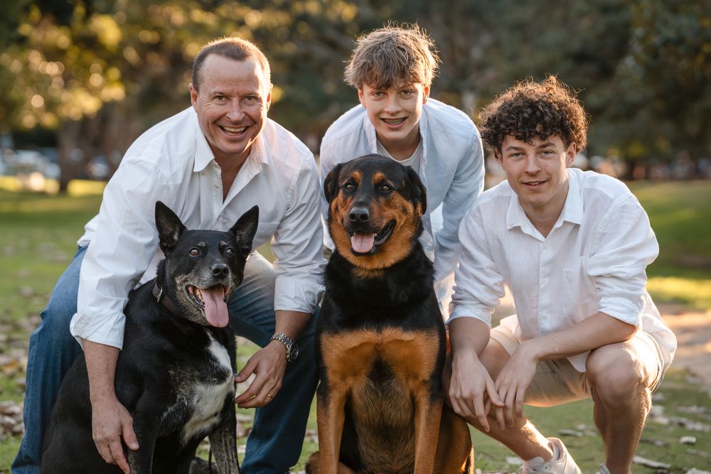 dad and sons and their dogs in mosman family photoshoot