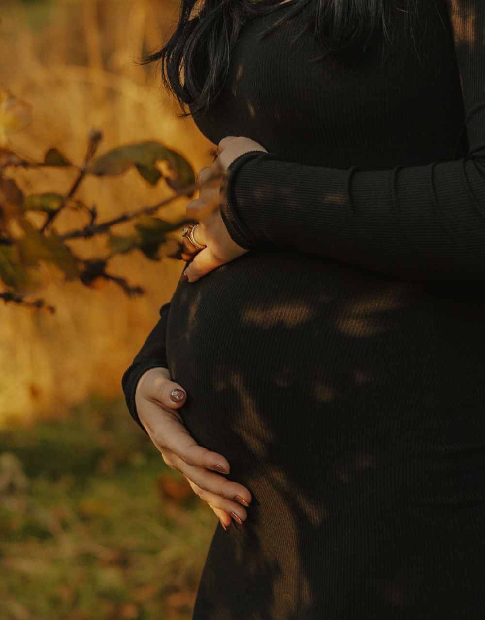 A couple embraces in a tender moment during golden hour with warm autumn lighting and bokeh effect in the background.