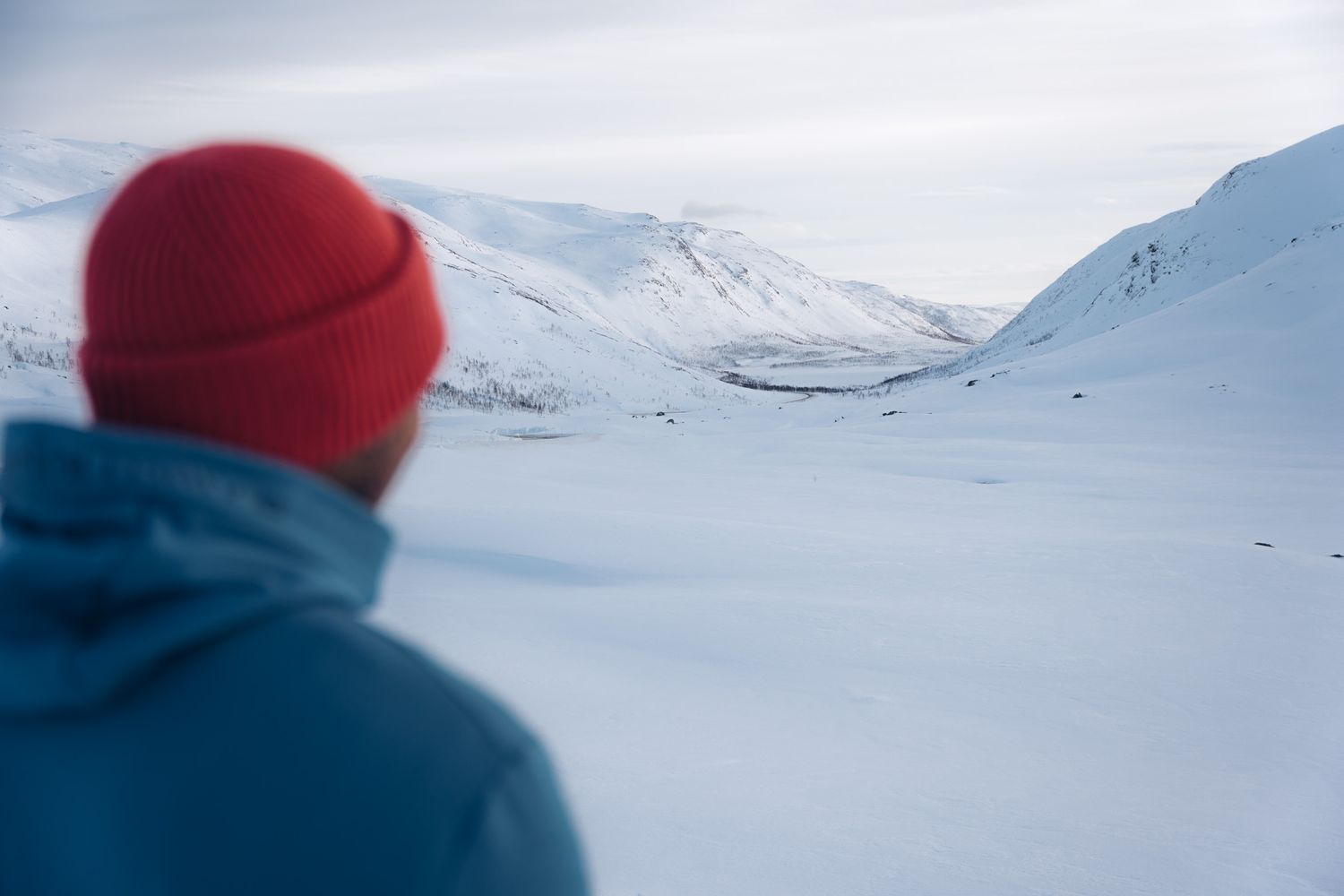 randonneur observant les montagnes enneigées de Senja en norvège en hiver