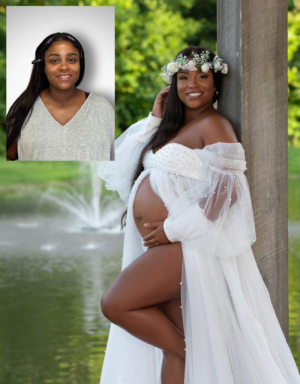 A maternity photoshoot showing a woman in a white flowy dress and flower crown posing by a pond with a before portrait inset.