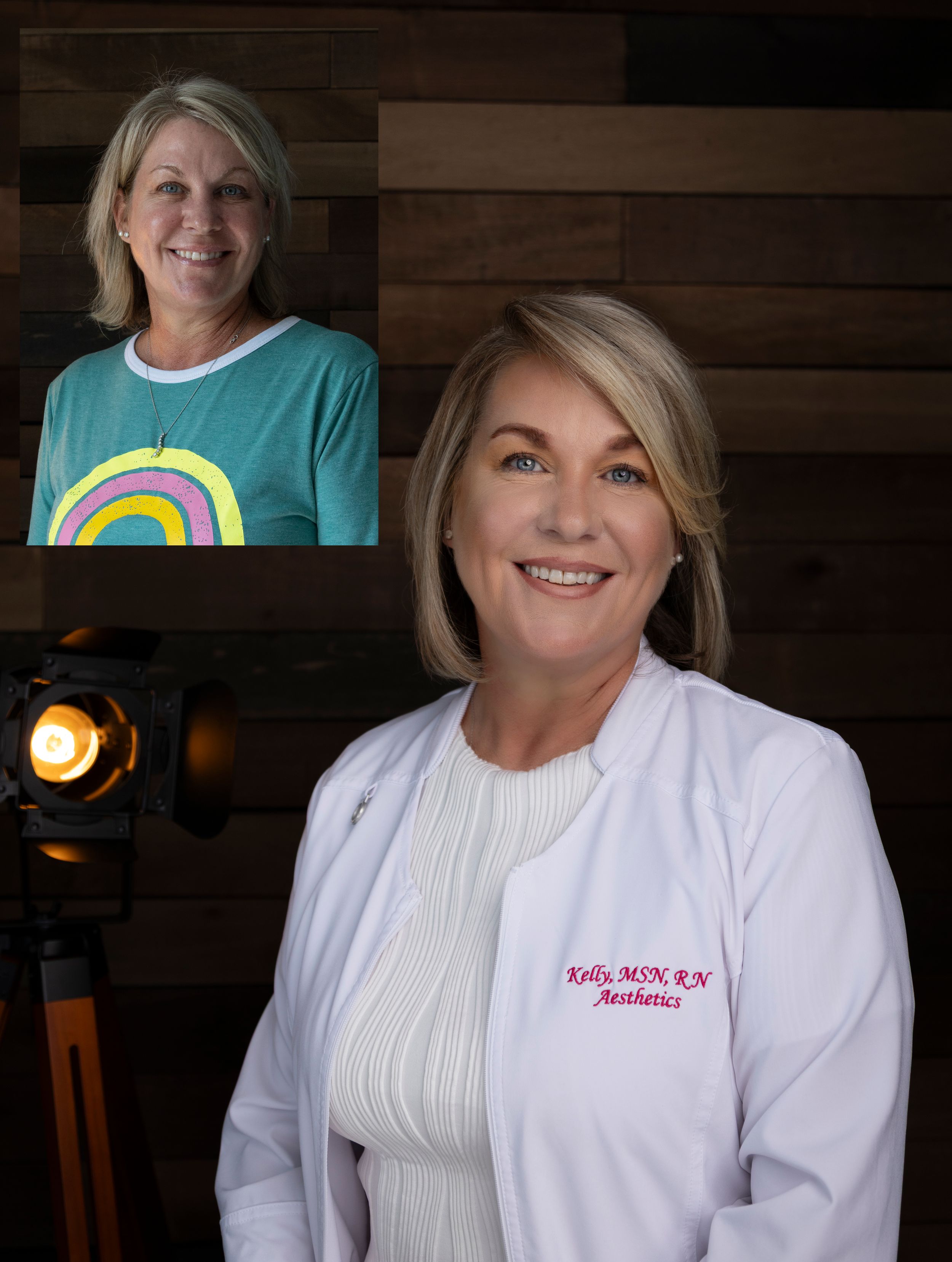 Healthcare professional wearing a white lab coat and white sweater poses in front of a wooden wall with studio lighting.