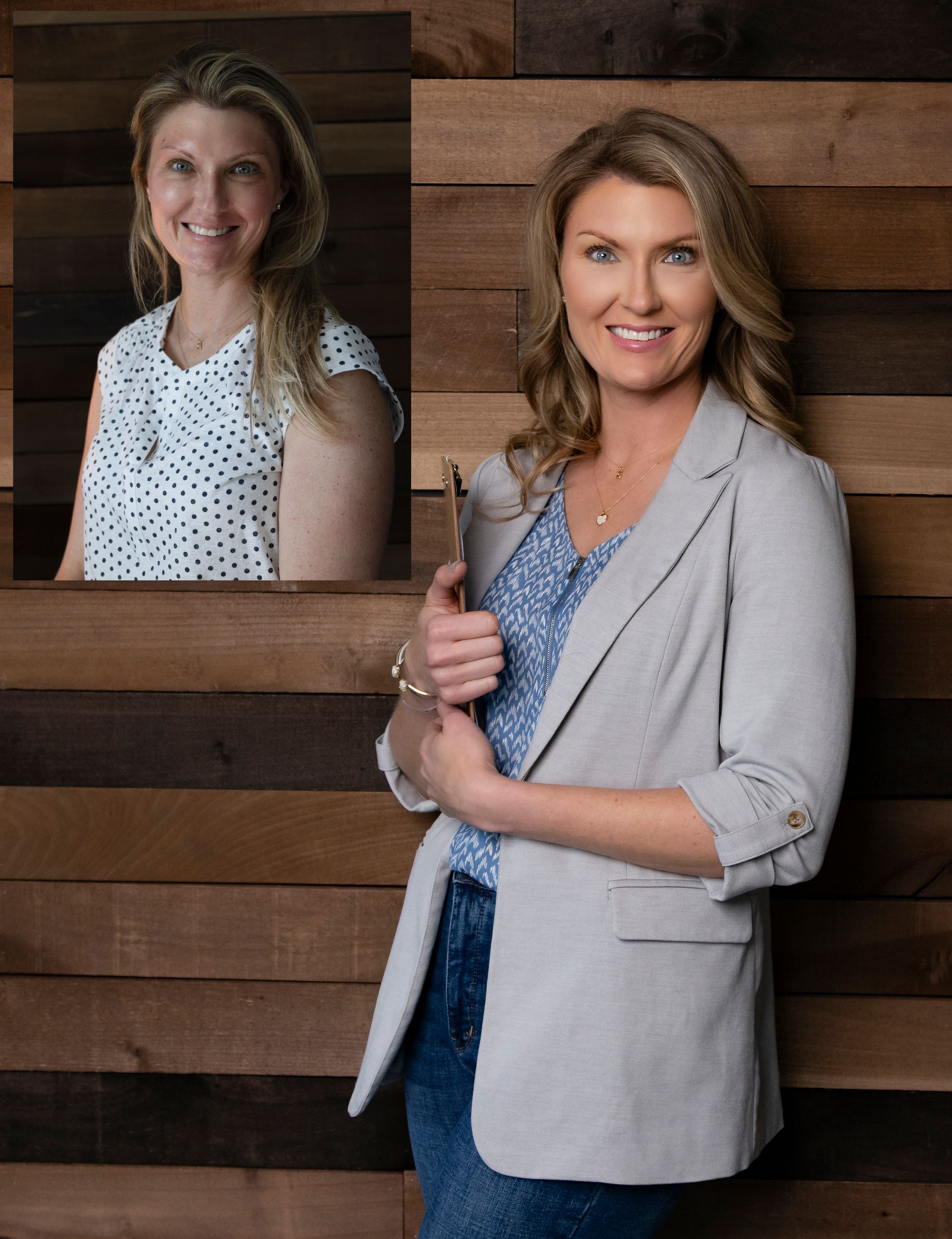 Professional portraits against a wooden wall background showcase casual and business attire styling.