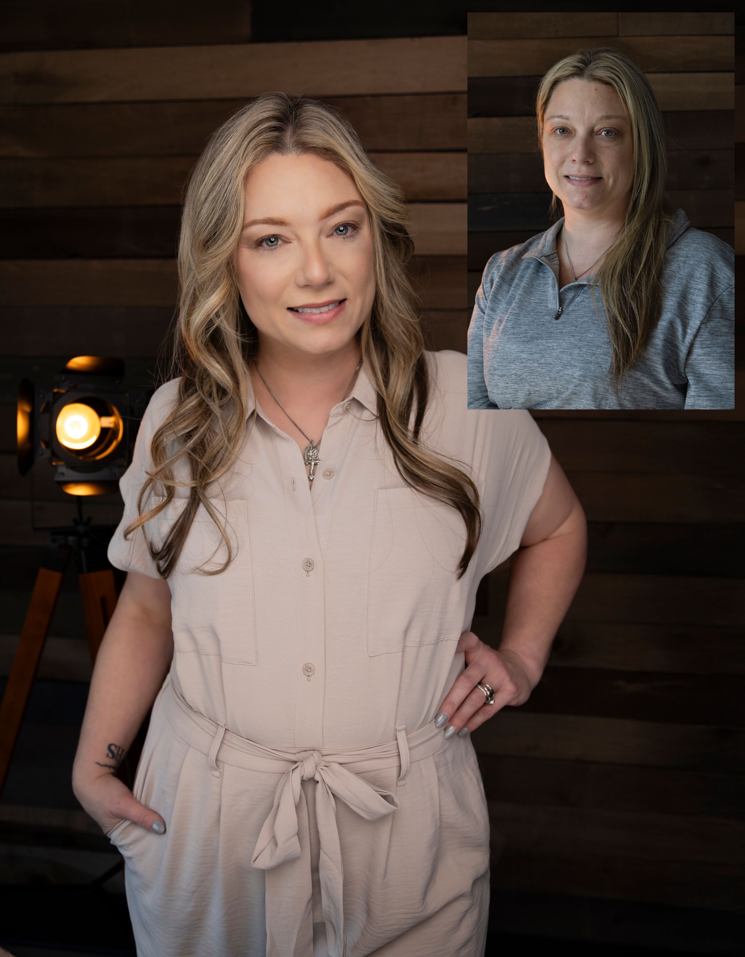 Profile photos taken against warm wood paneling with moody studio lighting effects.