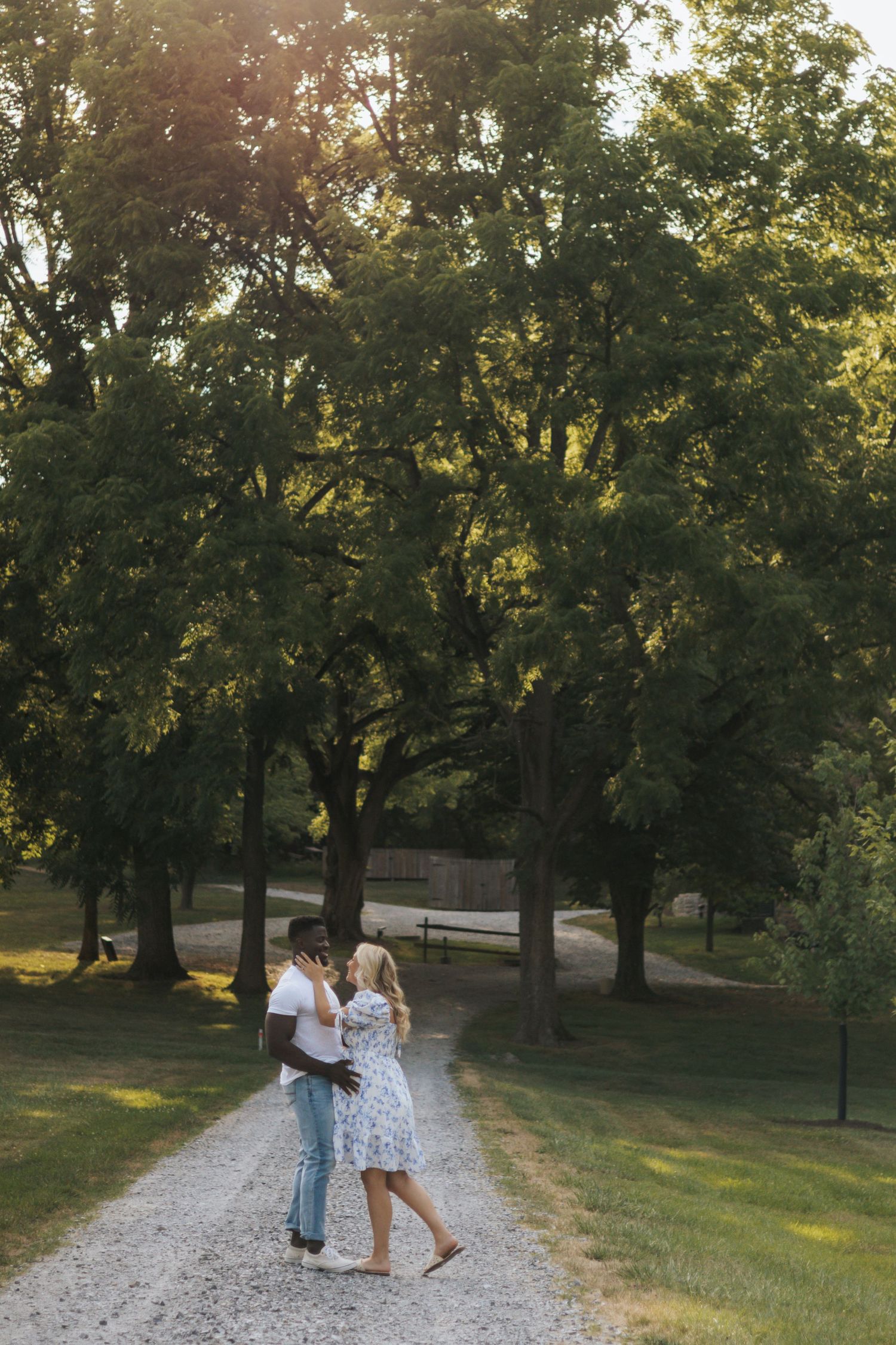A romantic walk along a tree-lined gravel path during golden hour.