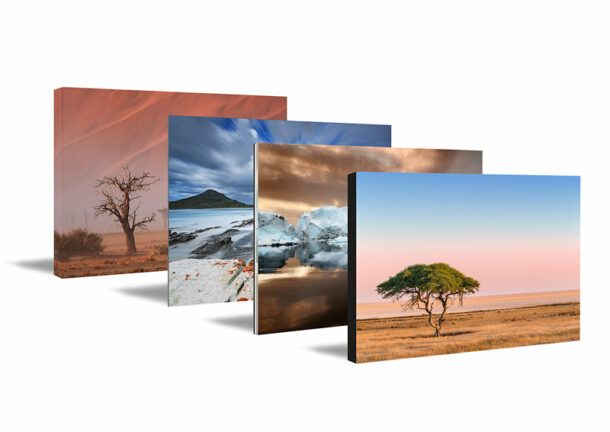 Four canvas prints featuring African landscape and tree scenes stacked in a layered display.