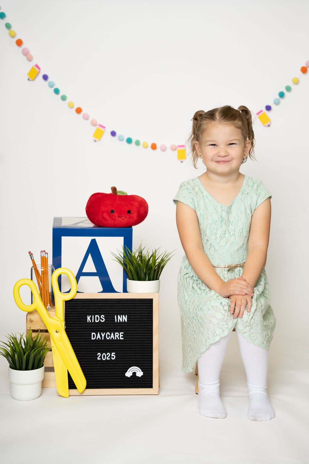 Back to school daycare photography collage featuring decorative signs, plants, and school supplies against white background.