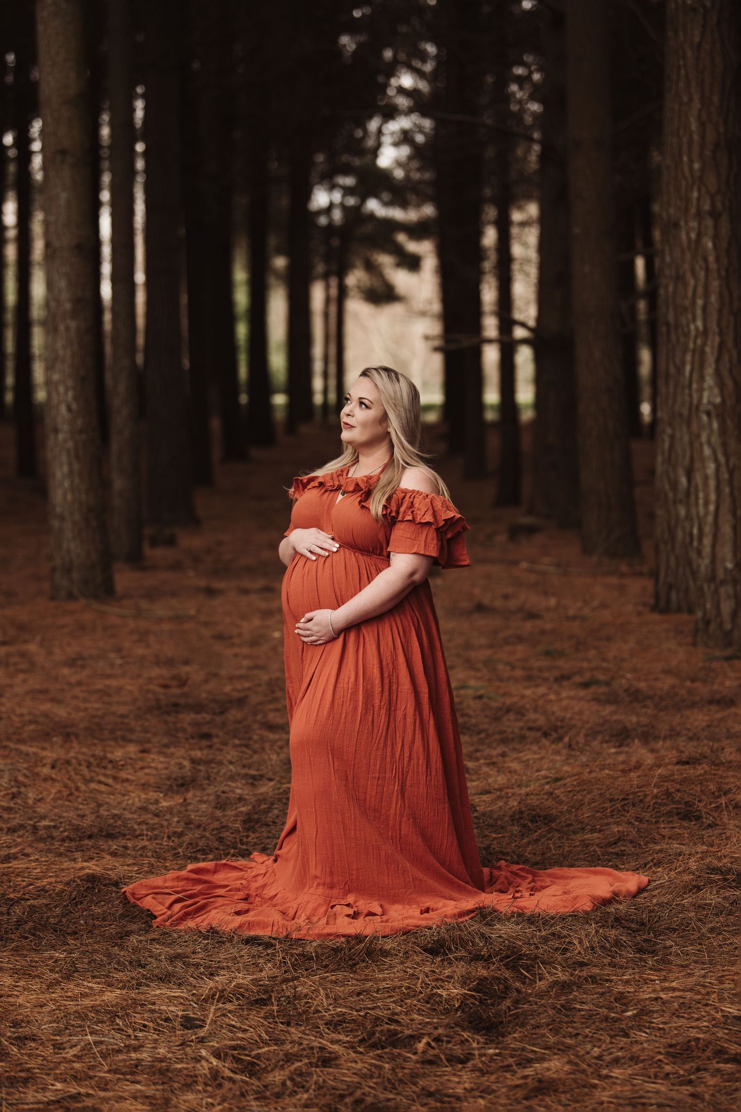 A maternity portrait in a rust-colored dress amid tall pine trees.