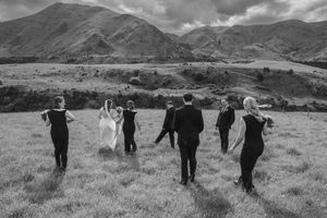 Bridal party walking in a paddock
