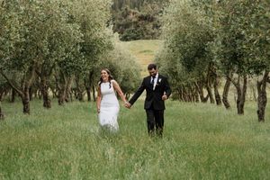 wedding Couple running towards the camera inbetween a row of olive trees at Amuri Estate