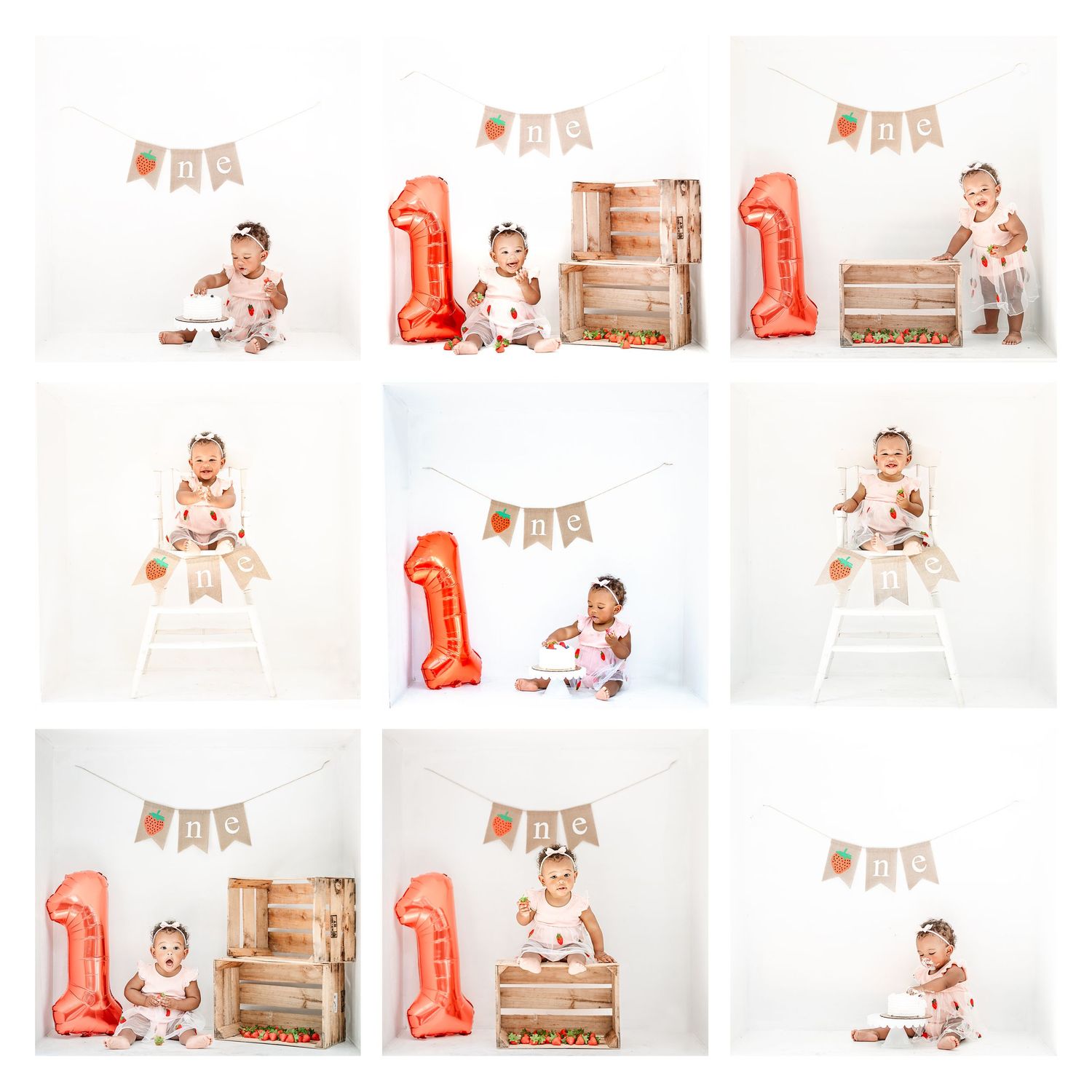 First birthday photo collage with orange number 1 balloon and wooden crate props.