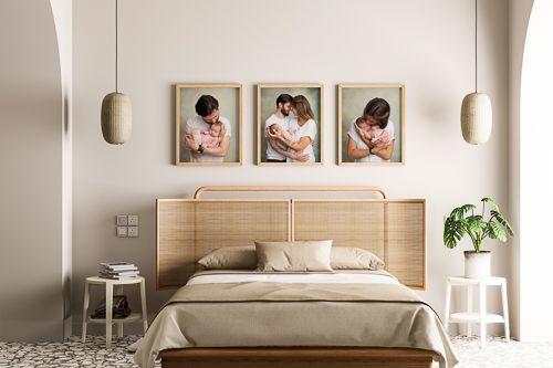 Modern minimalist bedroom interior with wooden headboard, white bedding, and natural light from wall sconces.