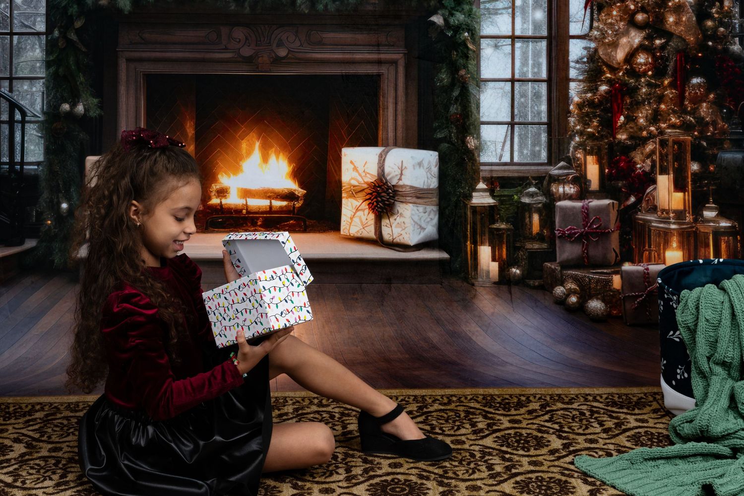Cozy fireplace setting with Christmas decor and stockings hanging by the mantle.