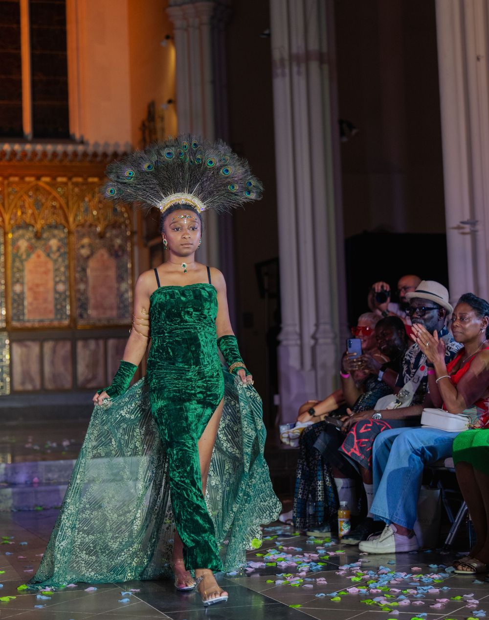 female runway in green dress
