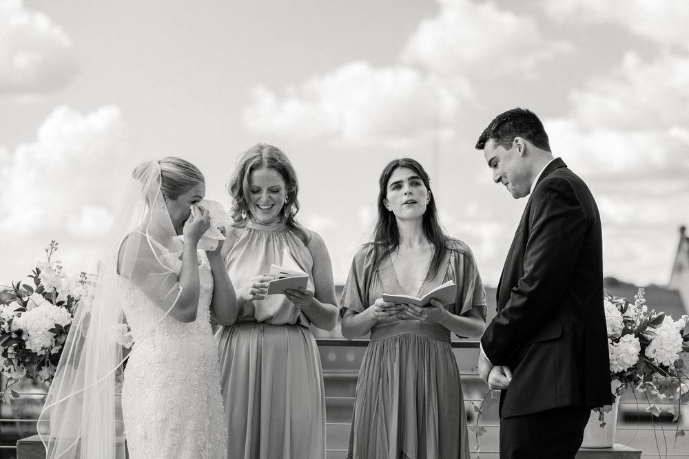 Outdoor wedding ceremony scene with wedding party on rooftop venue.