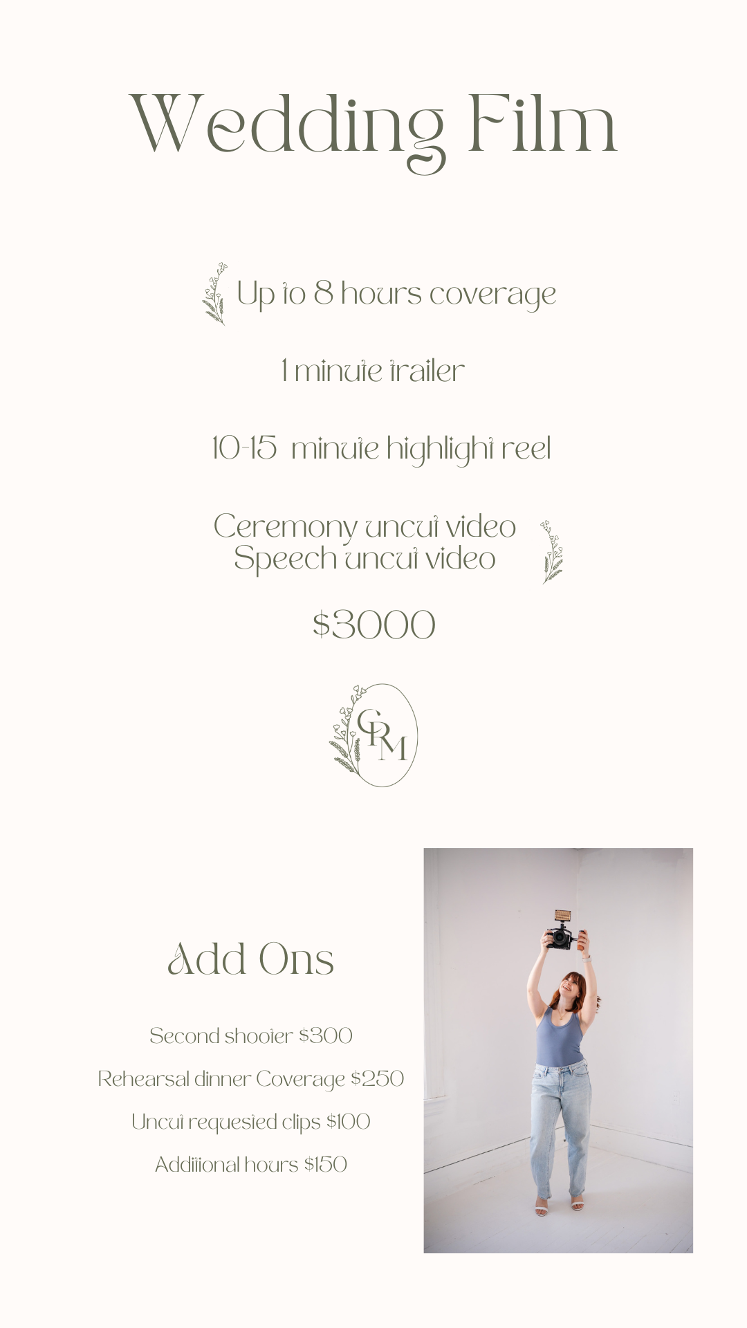 Wedding videography services and pricing menu with package details.