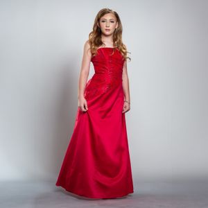 Elegant floor-length red satin gown with fitted bodice photographed against a light gray background.
