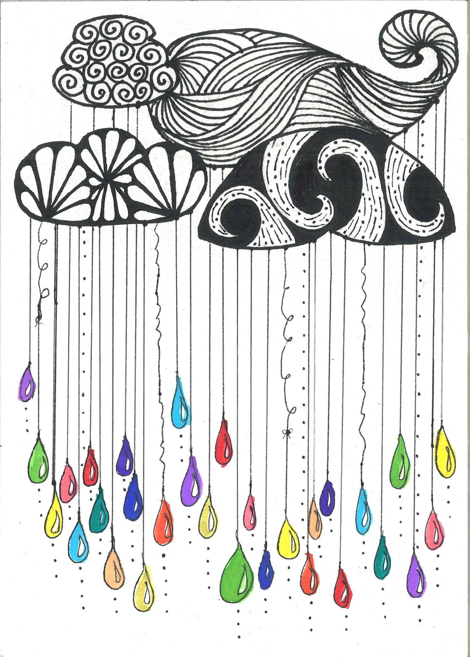 Black and white clouds with colorful raindrop patterns hanging below in a whimsical design.