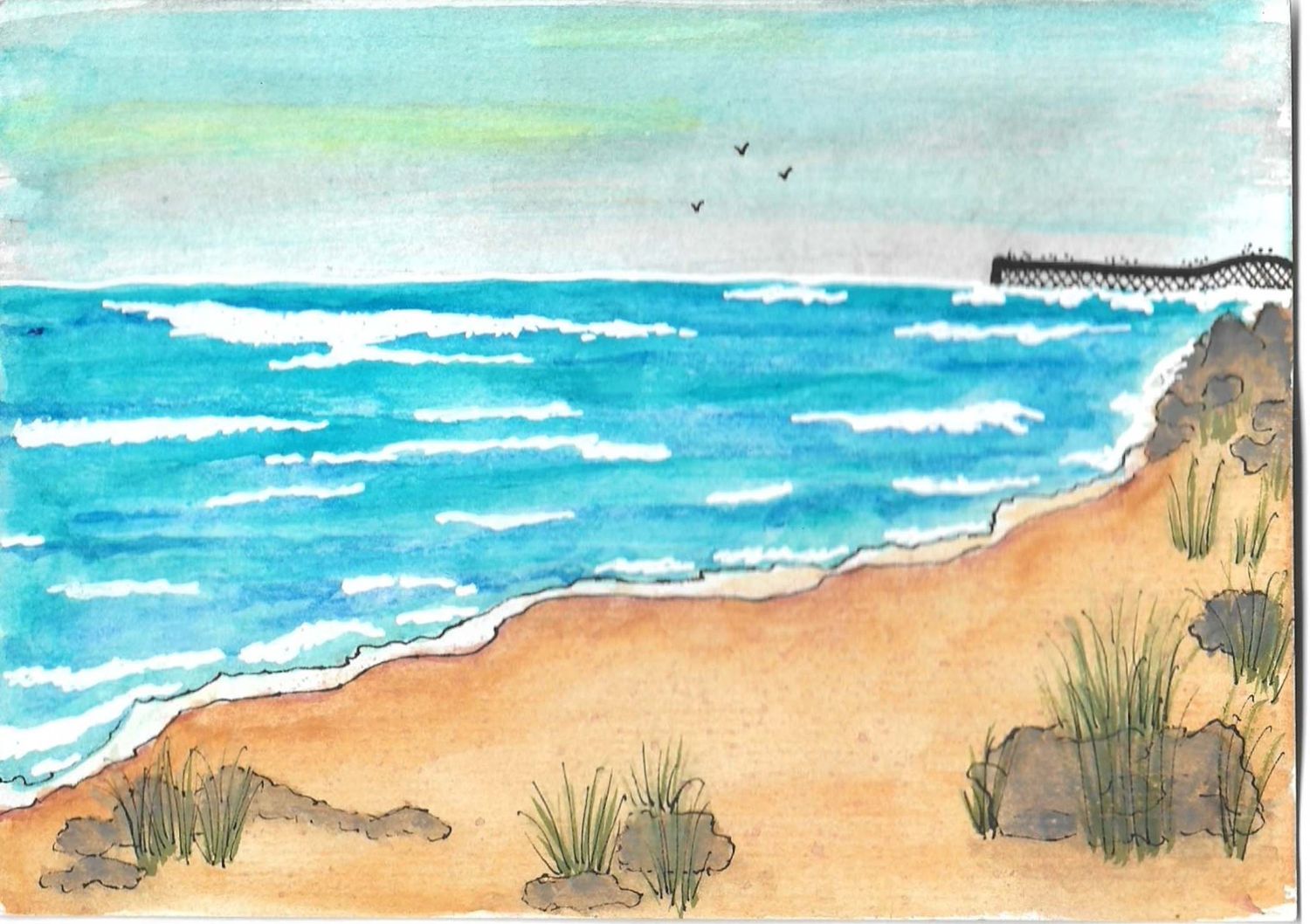 Minimalist watercolor beach scene with turquoise ocean, sandy shore, and distant cliffs.