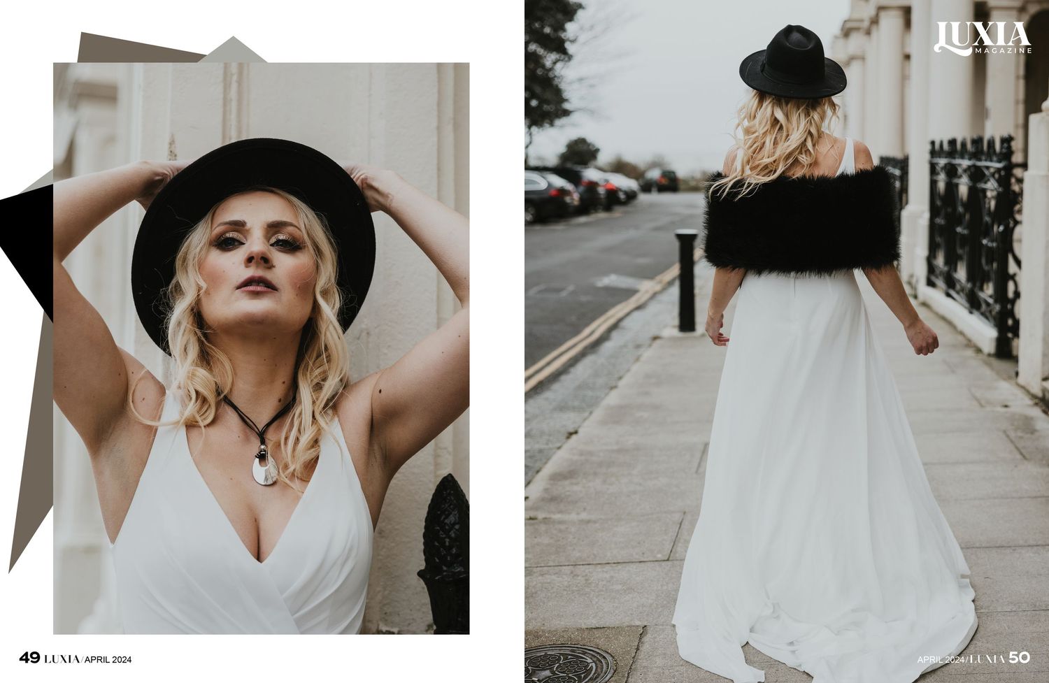 A tear sheet from Lucia magazine featuring Dorota in Wedding clothing in various poses in Hove