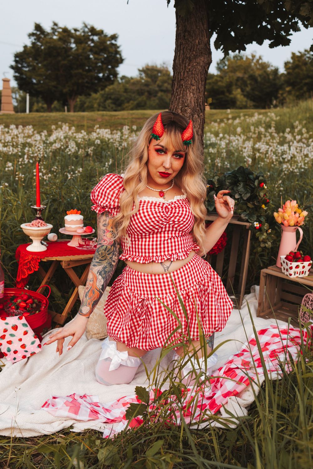 A retro picnic scene featuring red gingham outfit, red horns, and decorative table settings in a summer meadow.
