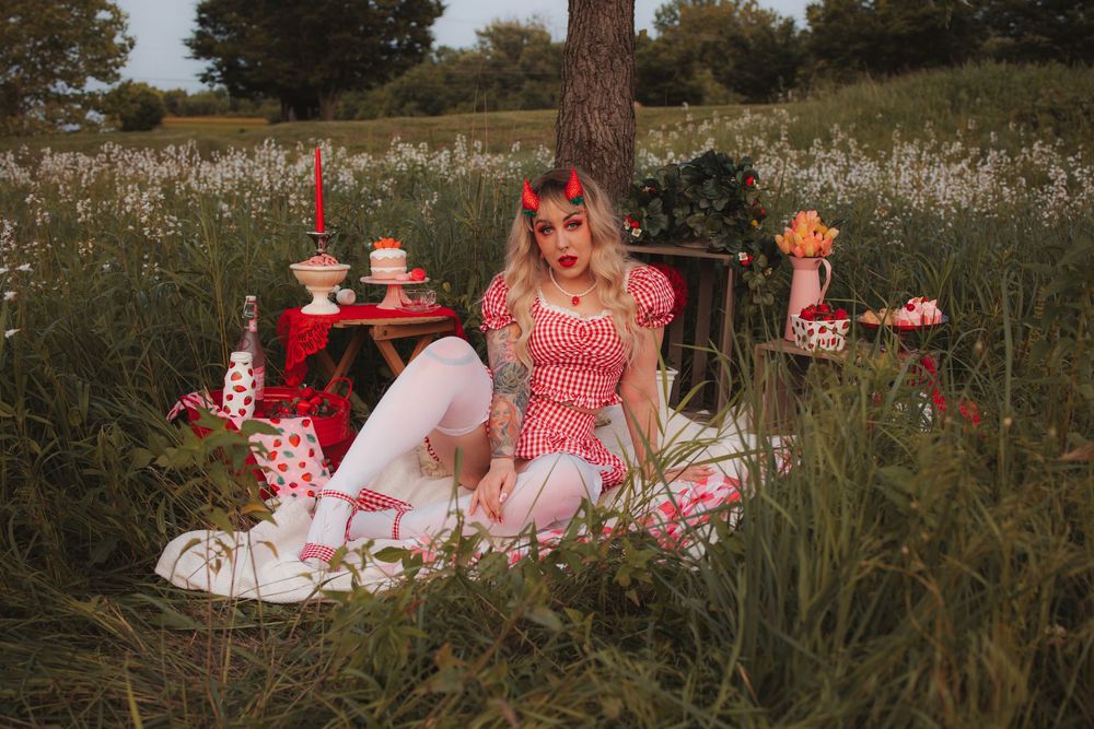Whimsical picnic scene with red decorations and white blanket spread in a flowering meadow.
