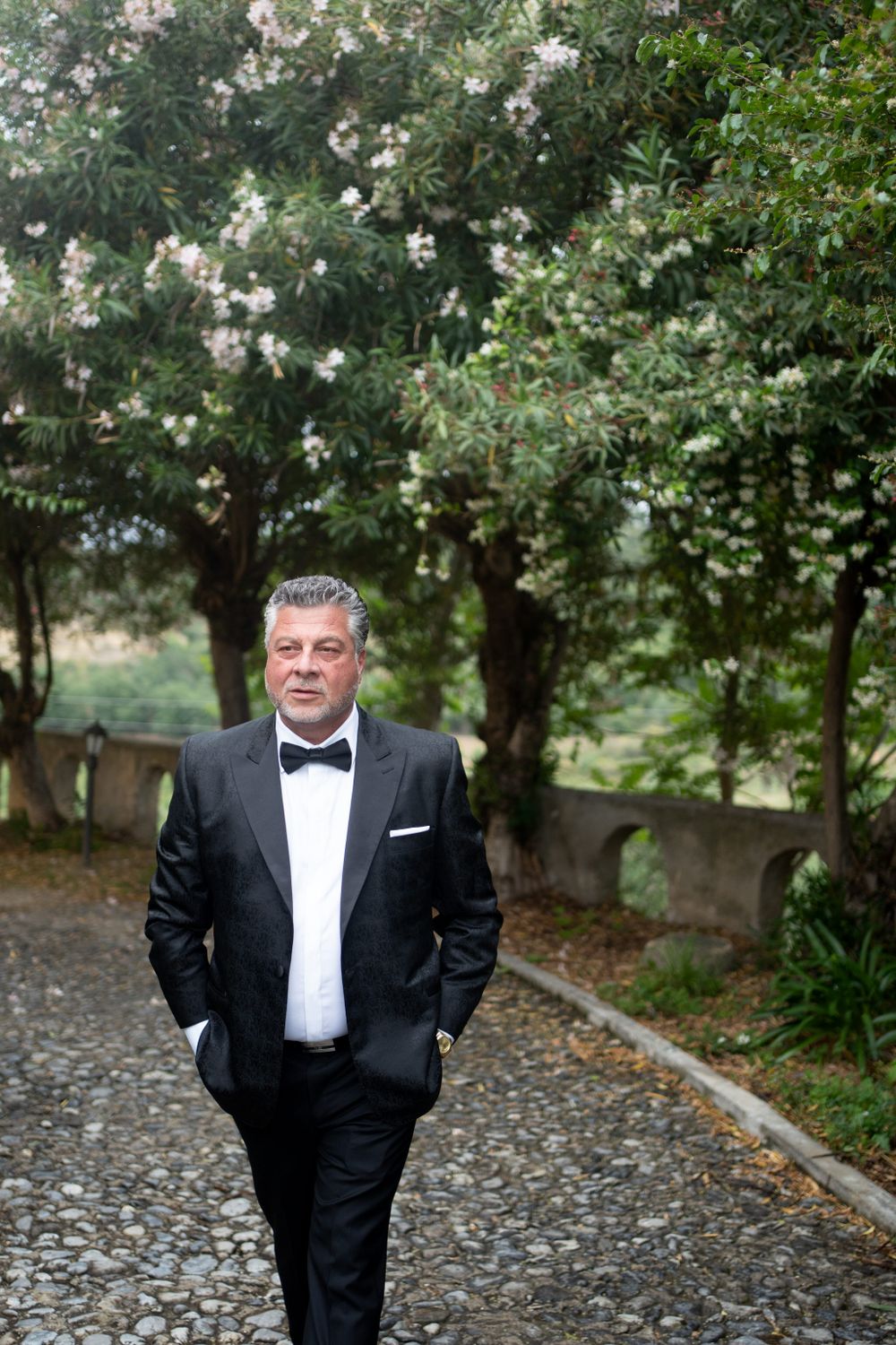 A formal figure in a black tuxedo and bowtie poses on a stone pathway surrounded by trees.