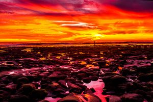 Dramatic red and orange sunset sky reflects off wet rocks on a beach during low tide creating vibrant reflections.