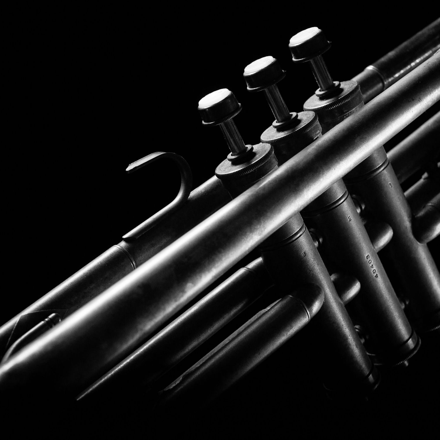 Trumpet piston valves and finger hook detail in black and white