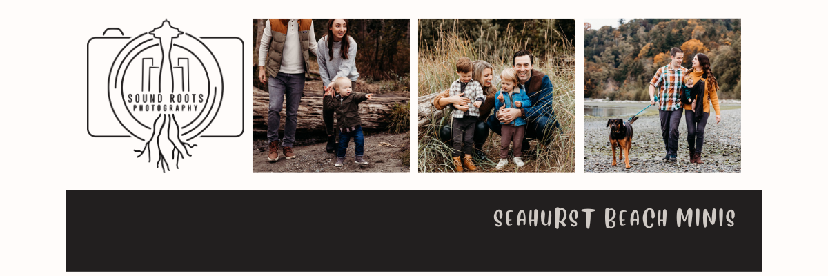 Photography brand header showing outdoor family photo session samples and logo design.