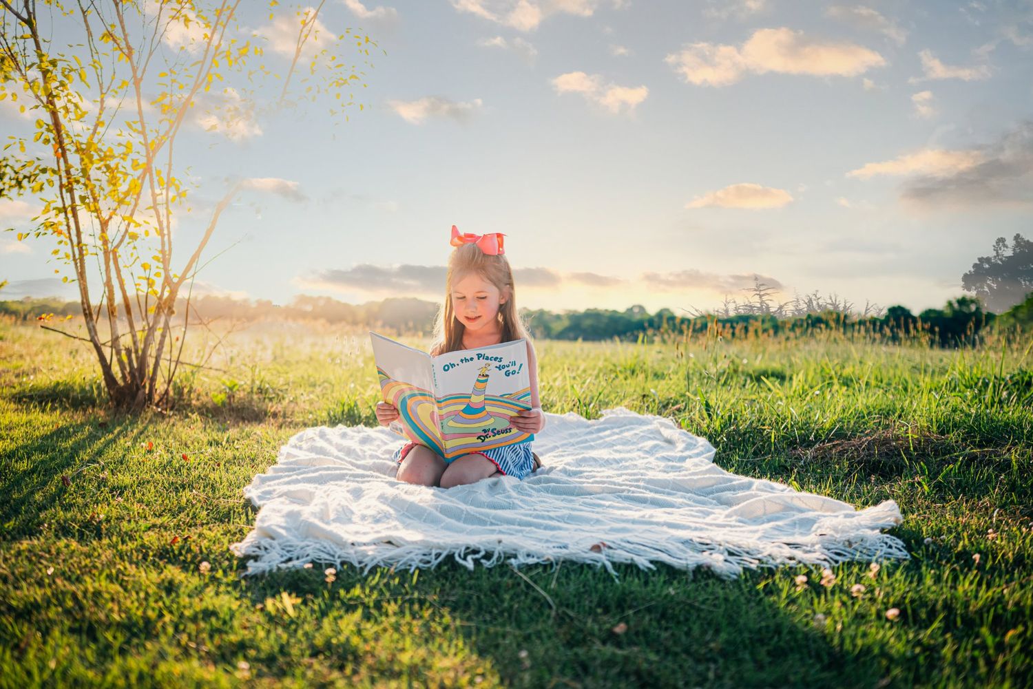 Panoramic sunset photos in a meadow with wildflowers and white blanket.