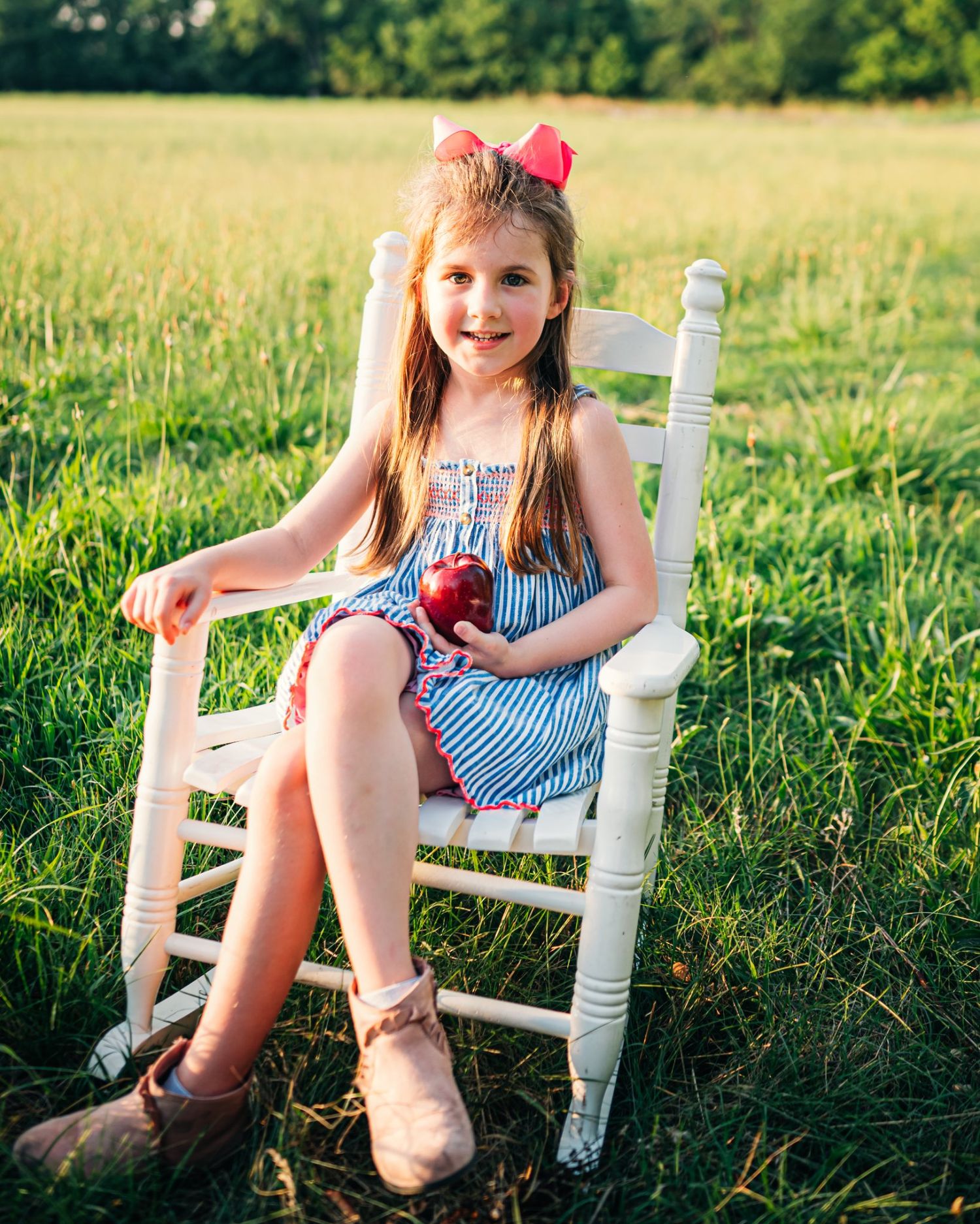 A series of photos showing a white wooden chair in a sunny meadow with tall grass.