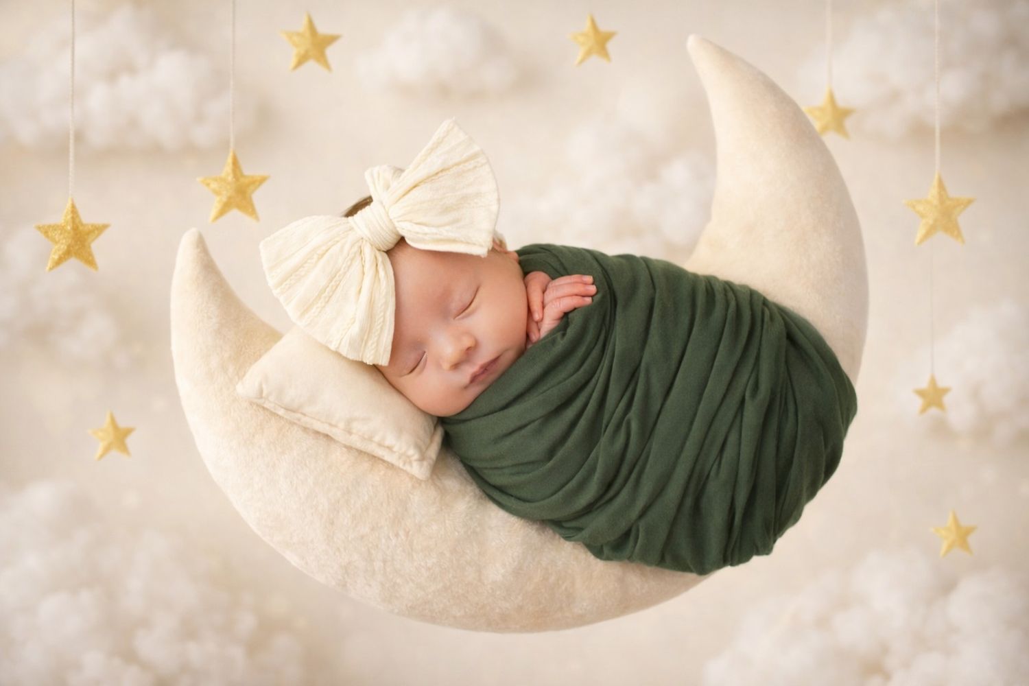 A sleeping baby swaddled in green fabric lies on a cream backdrop with gold star decorations.
