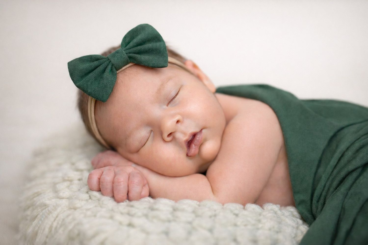 Sleeping newborn baby wearing emerald green bow accessory rests peacefully on soft white textured blanket.