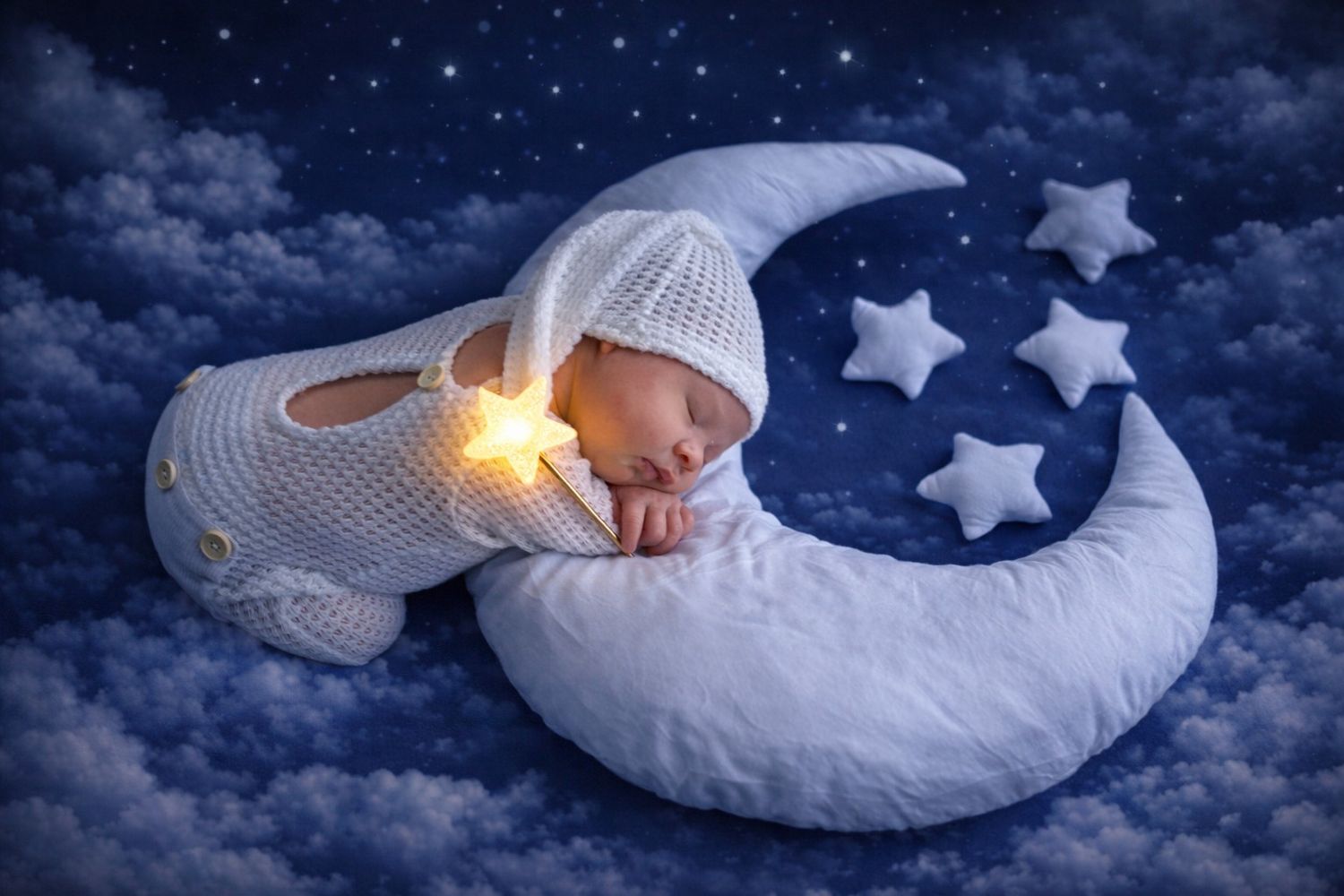 A series of baby photos on a navy blue background with moon and star decorations shows a peaceful sleeping newborn.