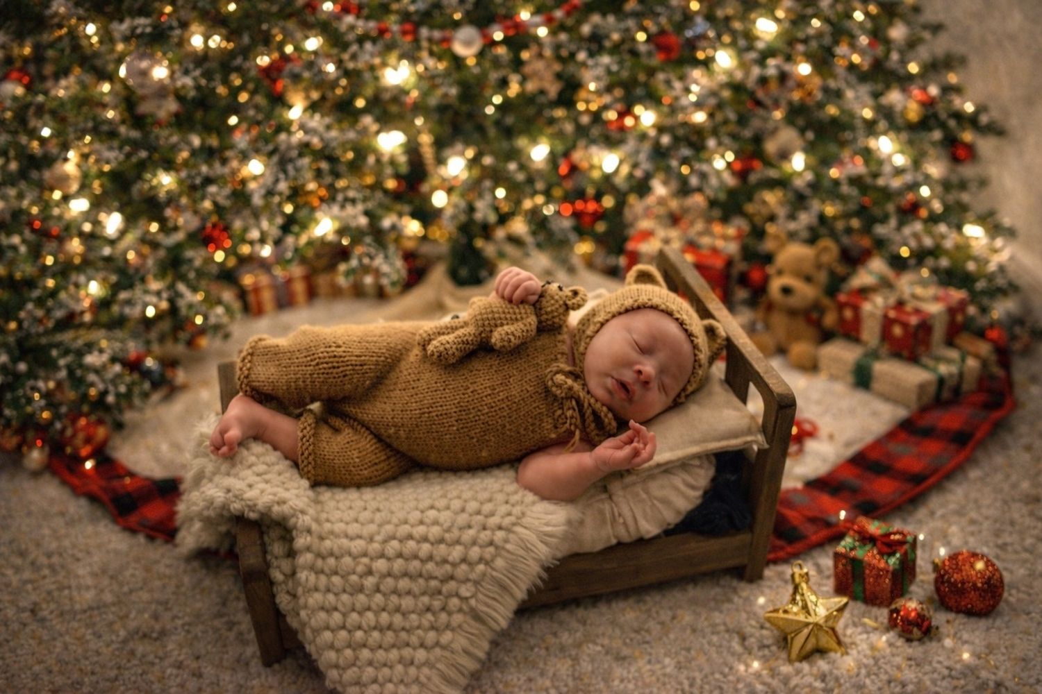 Sleeping baby in knitted brown outfit lying in basket near decorated Christmas tree with ornaments and lights.