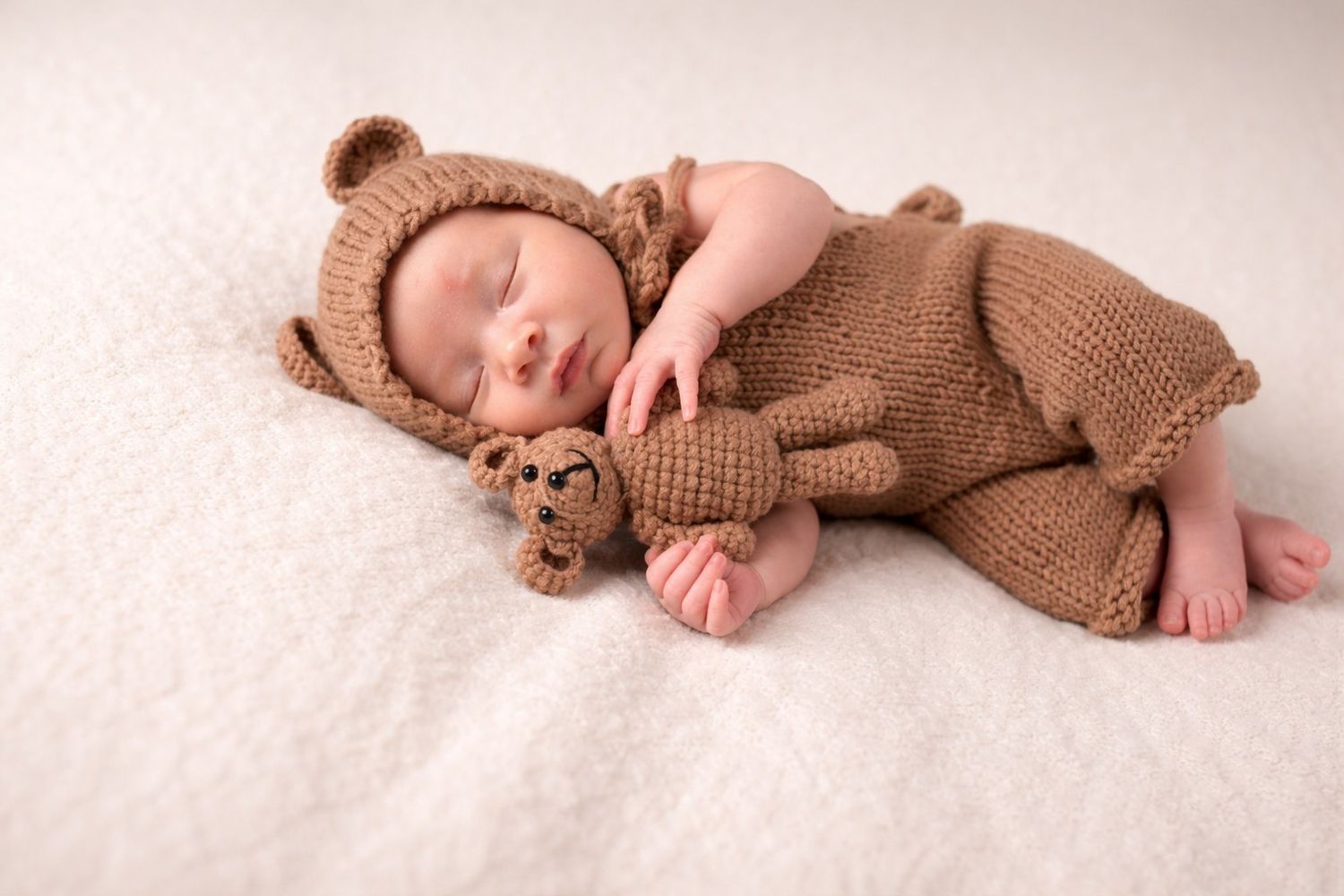 A sleeping newborn baby wearing a brown knit romper lies peacefully on white fabric.