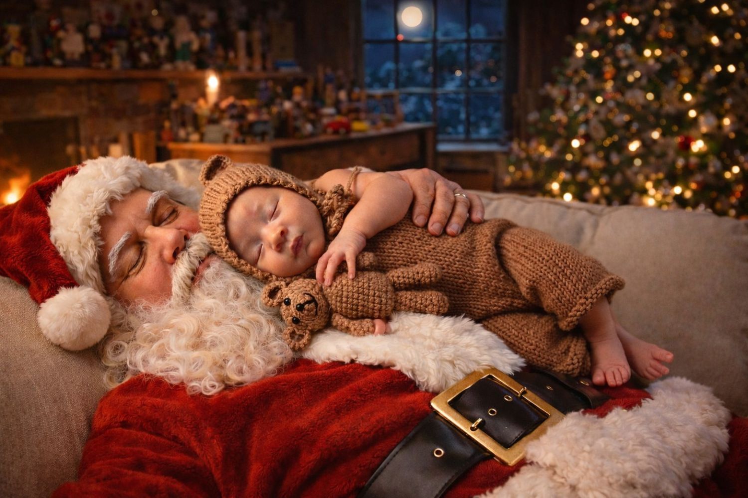 A cozy Christmas scene with a sleeping child on a plush red blanket near twinkling holiday lights and decorations.
