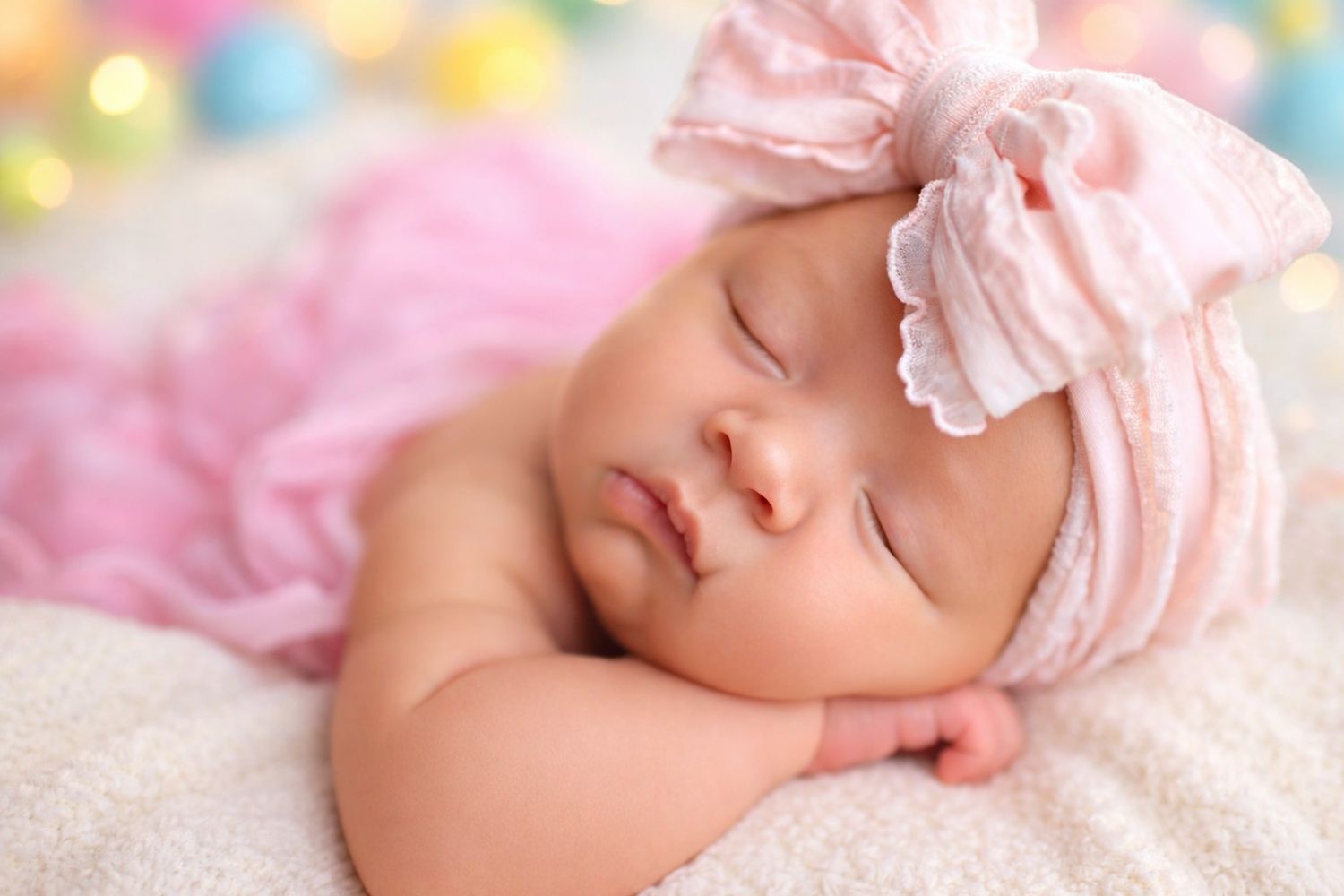Sleeping baby wearing a pink bow headband rests peacefully on soft white bedding.