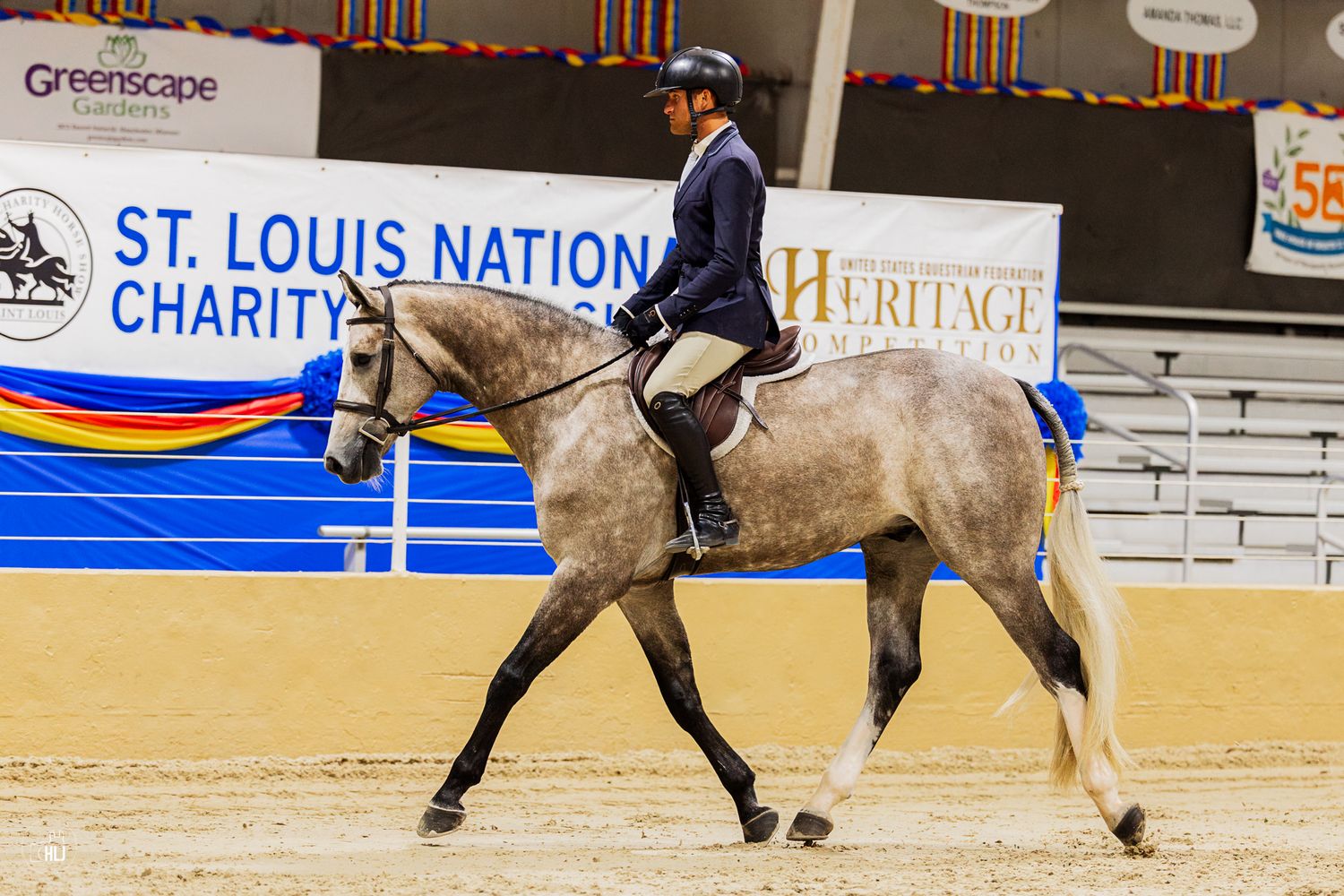 A bay horse and rider perform in an indoor competition arena with decorative plants.