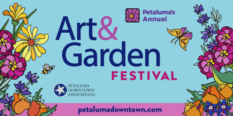 Colorful promotional poster for an Art & Garden Festival featuring floral illustrations on a turquoise background.